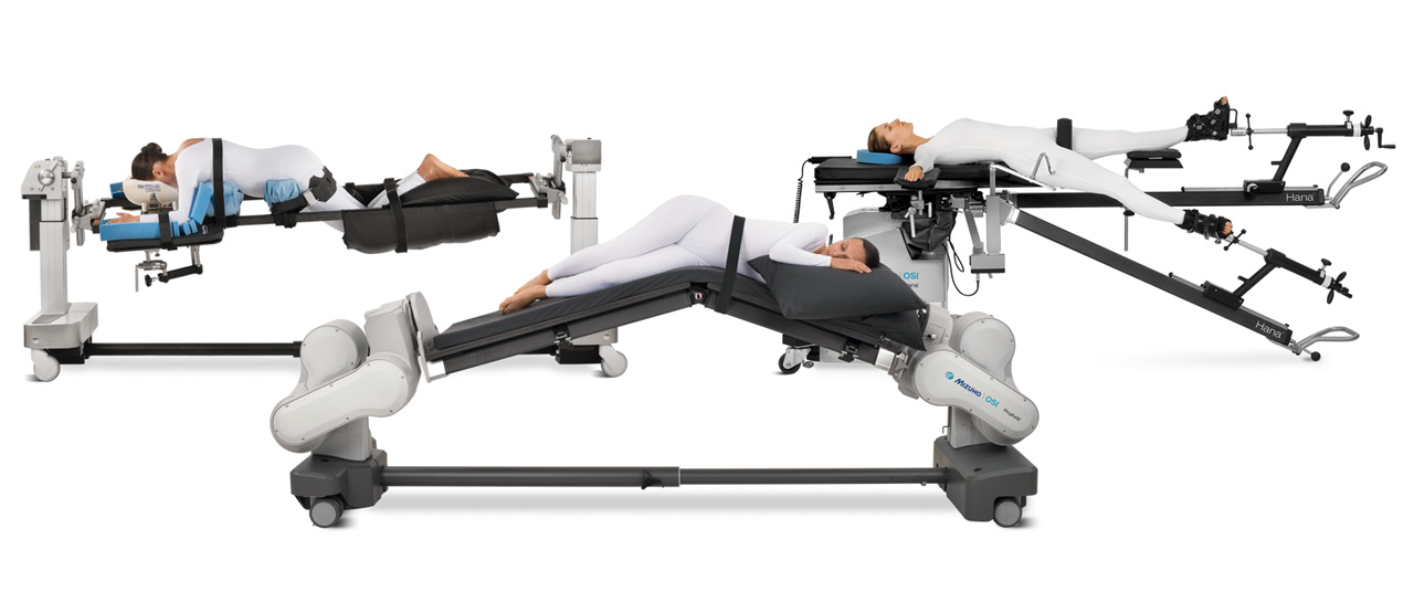 Mizuho OSI family of surgical tables, ProAxis, Trios, and Hana being modeled with three different surgical positions